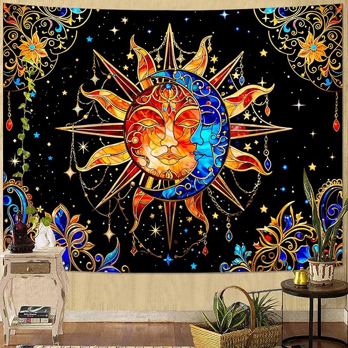 Spenlife Celestial Sun and Moon Tapestry Cosmic Tapestry for Bedroom Astral Tapestries Wall Hanging Bedroom Living Room Wall Art and Home Decor 70x90 Orange