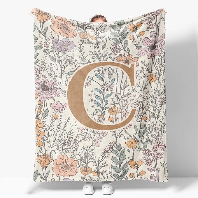 JXREQ Throw Blanket Initial Letter C Personalized Monogrammed Gifts for Women Teen Girls Frends, Boho Floral Throw Blankets for Bed Sofa Living Room Office, 50x60 Inch