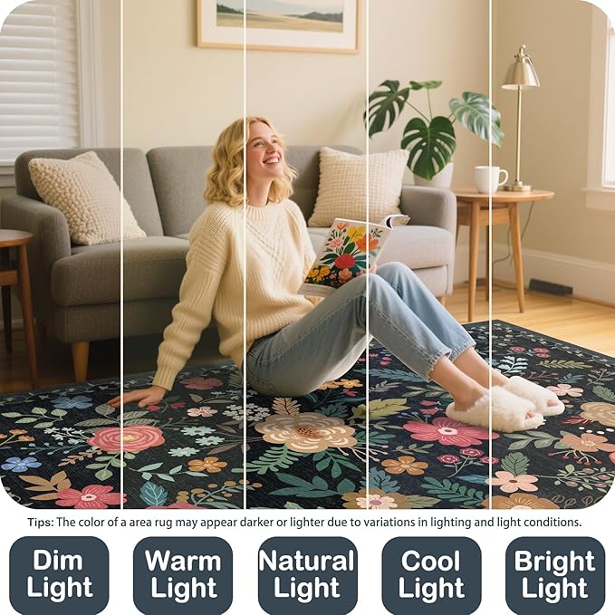 Washable 2' x 6' Runners for Hallways, Non Slip Long Floor Runner for Kitchen, Entryway Indoor, Stain Resistant Rubber Backing Floral Decor Rug (Black)