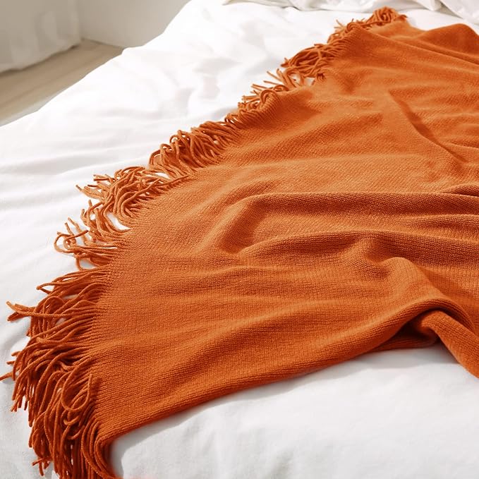 Homiest Decorative Knitted Throw Blanket with Fringe, Lightweight & Soft Acrylic Knit Blanket Tassel for Couch, Sofa, Bed (Dark Orange, 50 x 60 Inch)
