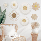 Chunful 7 Pcs Boho Wall Basket Decor Rattan Flower Wall Decor Nursery Daisy Flower Woven Macrame Hanging Flowers for Baby Kids Girls Farmhouse Bedrooms Living Rooms Kitchen Home(Milky White)