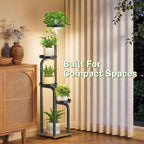 iDavosic.ly Tall Plant Stand Indoor with Grow Light, 4 Tier Corner Multiple Flower Holder Shelf with Metal Trays, Space Saving Display Rack for Living Room Balcony Patio Porch | Black & Brown