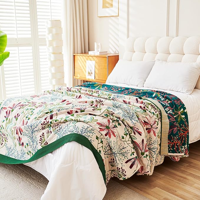 Boho Throw Blanket, 100% Organic Cotton Breathable Ultra Soft 80" x 90" Bed Quilt Throw - All Season Floral Rustic Farmhouse Decor Luxury Reversible Blanket for Sofa Couch Chair and Gift