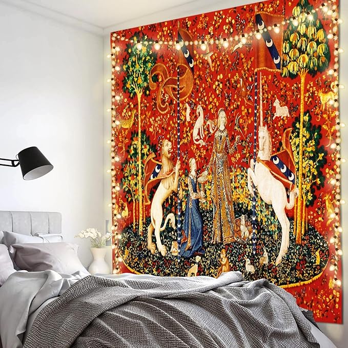 FEASRT Medieval Princess Tapestry Maiden and Unicorn - European Royal Tapestry, 40x30 Inches Soft Flannelette, for Living Room Royal Historical Decor