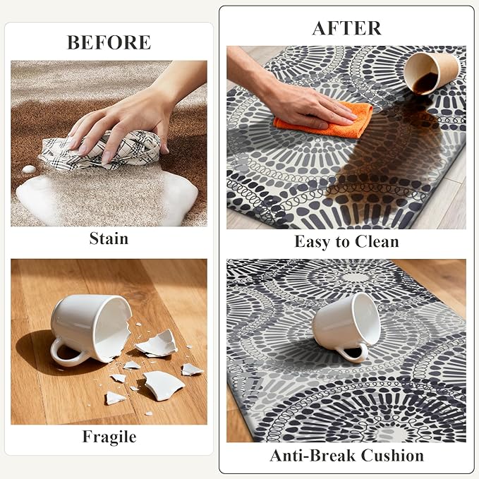 HEBE Cushioned Kitchen Mats for Floor Set of 2, Non Slip Anti Fatigue Kitchen Rugs and Mats, Floral Waterproof Comfort Foam Standing Mat Floor Carpet for Kitchen,Home Office,Sink,Laundry