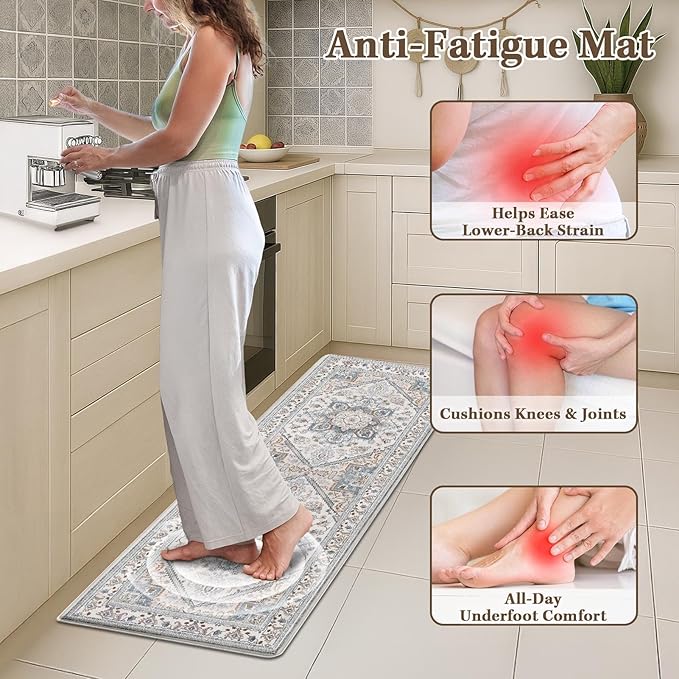Arttown Kitchen Mats for Floor 2Pcs-Anti Fatigue Non Slip Mats for Kitchen Floor, Cushioned Waterproof & Stain-Resistant Boho Stripe Square Mat Set, Laundry Room, Office, Sink, Desk (White/Blue)