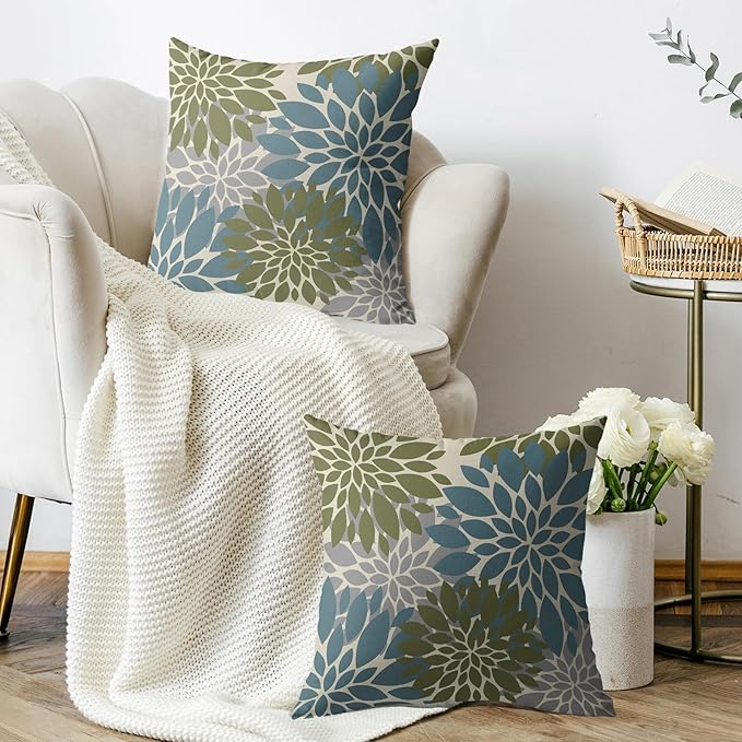 Blue Green Grey Gray Pillow Covers 18X18 Inch Set of 2, Modern Dahlia Floral Print Decorative Throw Pillow Covers Outdoor Farmhouse Cushion Case for Home Couch Sofa Bed Decoration