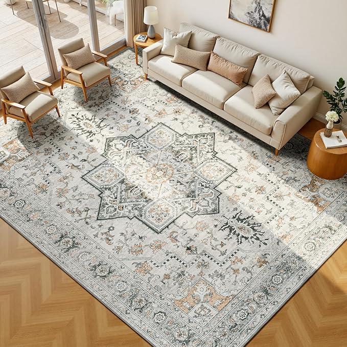 Lessymo 9×12 Area Rugs Washable for Living Room, Large Soft Indoor Rug Non-Slip for Bedroom Kitchen Dining Room Dorm Nursery, Vintage Boho Carpet Stain Resistant for Office Home Decor, Grey/Brown