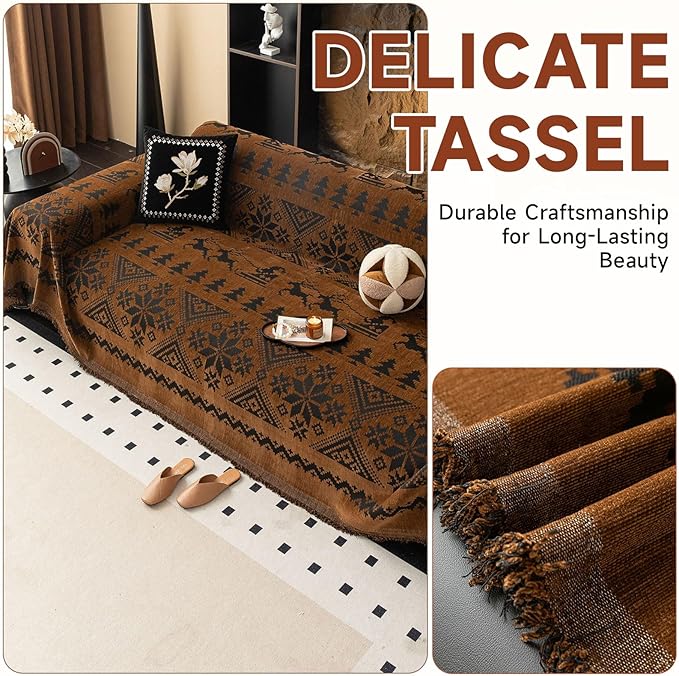 VClife Boho Couch Cover for Christmas 1 Piece Soft Warm Couch Cover for Sectional Sofa, Washable Pumpkin and Black Jacquard 3-Seaters Sofa Covers for Home Office RV 71"x150"