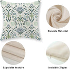Blue Green Pillow Covers 18x18 Inch Set of 2 Boho Floral Decor Throw Pillows Vintage Block Print Flower Outdoor Linen Decorations Pillowcase Linen Cushion Cover for Couch