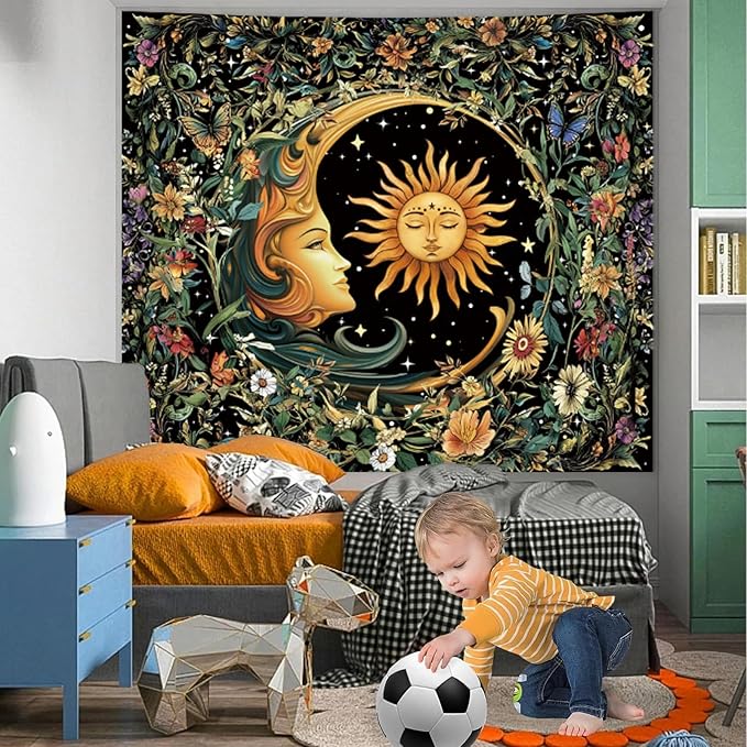 Apdidl Sun and Moon Hippie Decor Tapestry for Bedroom, Boho Hippy Mystic Floral Tapestries Wall Hanging Aesthetic, Vintage Mandala Plants Moon Cute Backdrop Wall Decor for Living Room Dorm 51"X60"