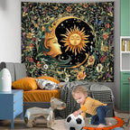 Apdidl Sun and Moon Hippie Decor Tapestry for Bedroom, Boho Hippy Mystic Floral Tapestries Wall Hanging Aesthetic, Vintage Mandala Plants Moon Cute Backdrop Wall Decor for Living Room Dorm 51"X60"