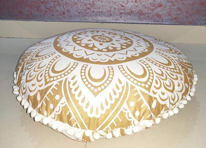 24" White Gold Flower Mandala Barmeri Large Floor Pillow Cover Cushion Meditation Seating Ottoman Throw Cover Hippie Decorative Zipped Bohemian Pouf Ottoman Pom Pom Cases ( 24 " round)