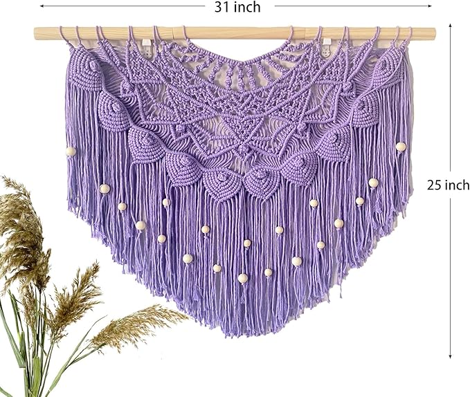 Youngeast Large Macrame Wall Hanging Boho Beaded Curtain for Window Macrame Bedroom Headboard Living Room Wall Art Tassel Tapestry Bohemian Woven Wall Decor 31" W X 25" H (Purple)