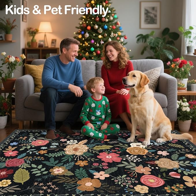6x9 Area Rug, Floral Rugs for Living Room, Stain-Resistant Washable Bedroom Rug, Non-Slip Area Rugs for Dining Room Under Table, Indoor Carpet for Home Office (6 x 9 Black)