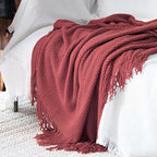 LOMAO Knitted Throw Blanket with Tassels Bubble Textured Soft Blanket Lightweight Throws for Couch Cover Home Decor (Red Mud, 50x60)