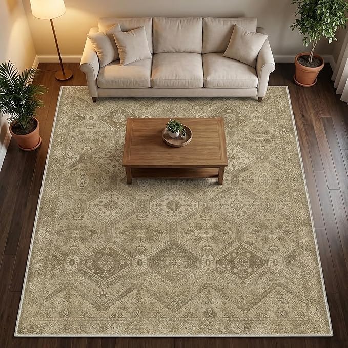 GENIMO 5x7 Area Rugs for Living Room, Machine Washable Non Slip Vintage Rugs, Low Pile Lightweight Print Rug for Bedroom, Dining Room, Home Office, Tan Brown