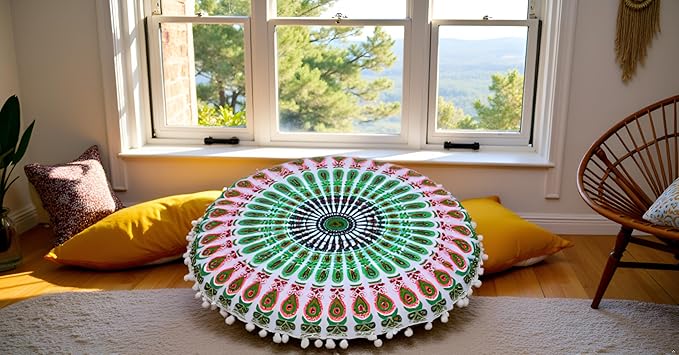 CRAFT KALA 22" Mandala Meditation Floor Pillows Cover Pouf Cover Round Seating Bohemian Mandala Cotton Floor Cushion Cover Outdoor Fireplace Seating Living Room Yoga Room Home Décor Green Red Floral