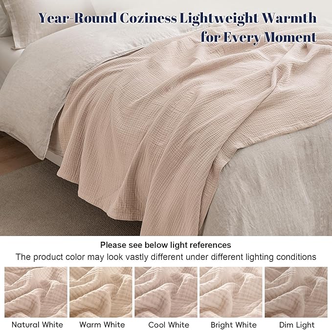 PHF 100% Cotton Muslin Throw Blanket 50" x 60", 4-Layer Lightweight Gauze Throw, Breathable Cloud-Soft Minimalist Blanket for Bed, Couch, Camping & Baby, Dusty Pink, Ideal Gift