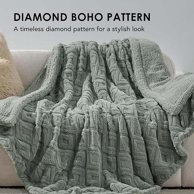 EverGrace Jacquard Boho Sherpa Fleece Throw Blanket for Couch, Super Soft Cozy Fuzzy Plush Blankets for Winter, Reversible Thick Warm Blanket for Bed, Sofa, Living Room, Sage Green, 50" x 60"