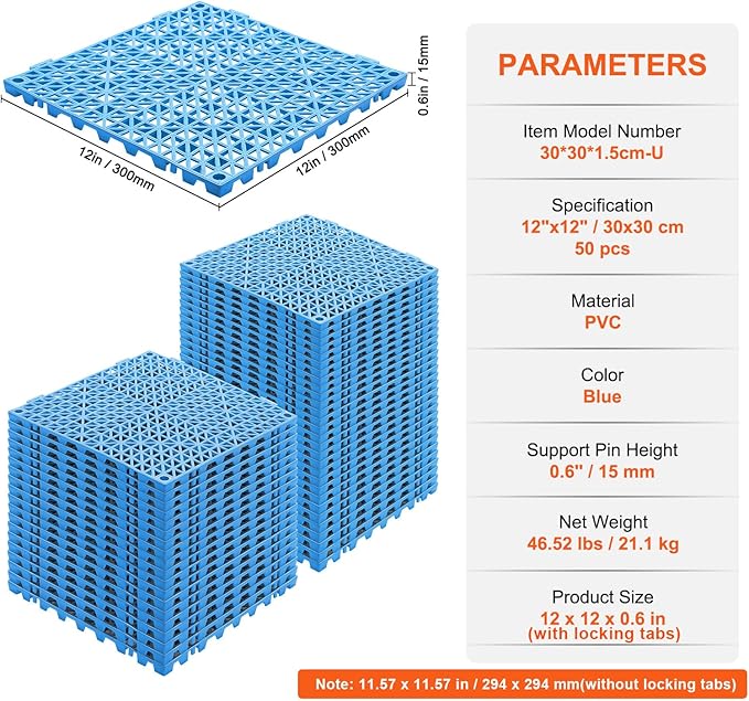 VEVOR Interlocking Tile 50PCS Blue, Drainage Tiles 12" x 12" Splicing, Soft PVC Interlocking Drainage Floor Tiles, Non-Slip Drainage Holes for Restroom, Bathroom, Kitchen, Pool, Wet Areas