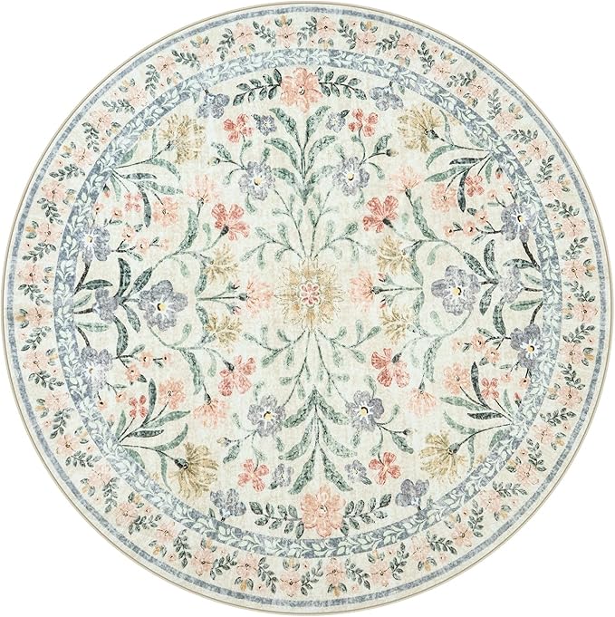 Lahome Sylvie Circle Rug 6ft Beige Floral, Gentle Blossom Print Nursery Round Rug, Machine Washable Kids Carpet for Bedroom, Non-Slip Circular Mat for a Cozy Retreat Nook Decor