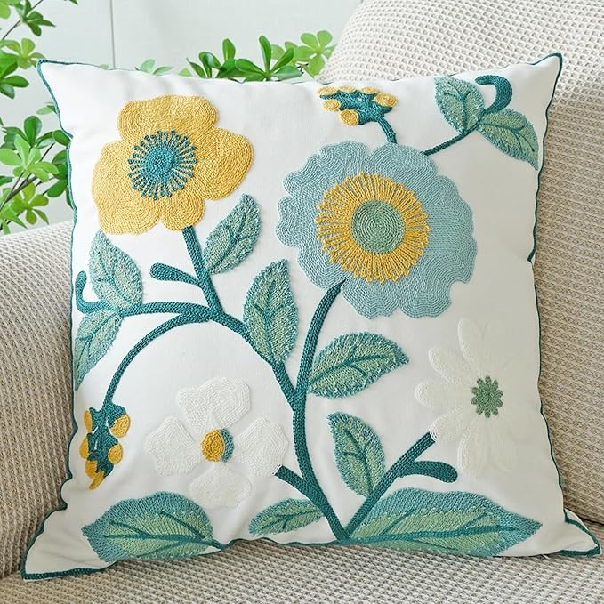 vctops Floral Embroidered Pillow Covers 18x18 Inch Spring Summer Cotton Tufted Throw Pillow Cover Outdoor Garden Cushion Case for Sofa, Bed, Living Room (Flower H,18"x18")