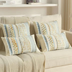 FUTEI Blue Light Green Yellow Accent Throw Pillow Covers Set of 2, 18x18 Inch Plush Tufted Striped Textured Decorative Cushion Cases for Farmhouse Boho Couch Decor