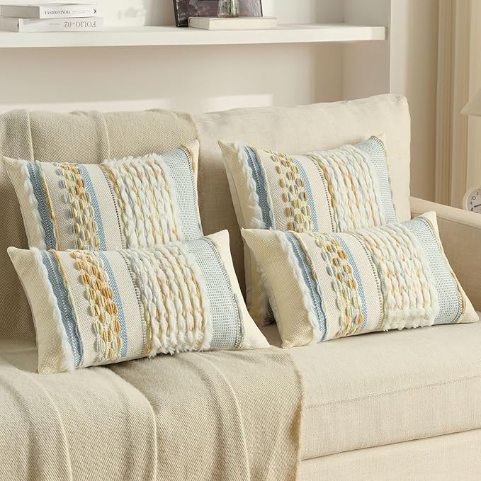 FUTEI Blue Light Green Yellow Accent Throw Pillow Covers Set of 2, 18x18 Inch Plush Tufted Striped Textured Decorative Cushion Cases for Farmhouse Boho Couch Decor