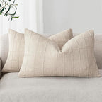 Foindtower Set of 2 Decorative Linen Check Throw Pillow Covers Neutral Farmhouse Lumbar Cushion Covers Modern Boho Home Decor for Sofa Chair Couch Bedroom Living Room,12×24 Inch,Natural Beige