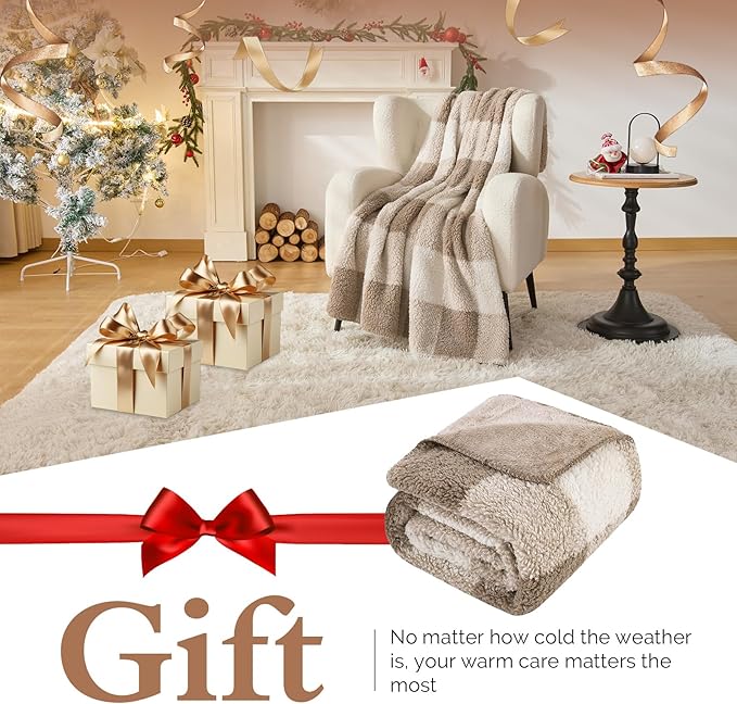 LURKA Checkered Sherpa Fleece Throw Blanket – Soft and Cozy, Medium Weight for All Season, Plush Throw for Couch, Bed, Dorm & Pets, Khaki, 60x80 Inches