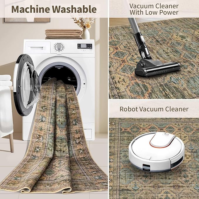 8x10 Area Rugs for Living Room Bedroom, Large Washable Rug, Brown Vintage Retro Boho Rug, Non Slip & Low Pile Faux Wool Thin Carpet for Indoor Dining Room and Kids Room(Brown 8x10ft)