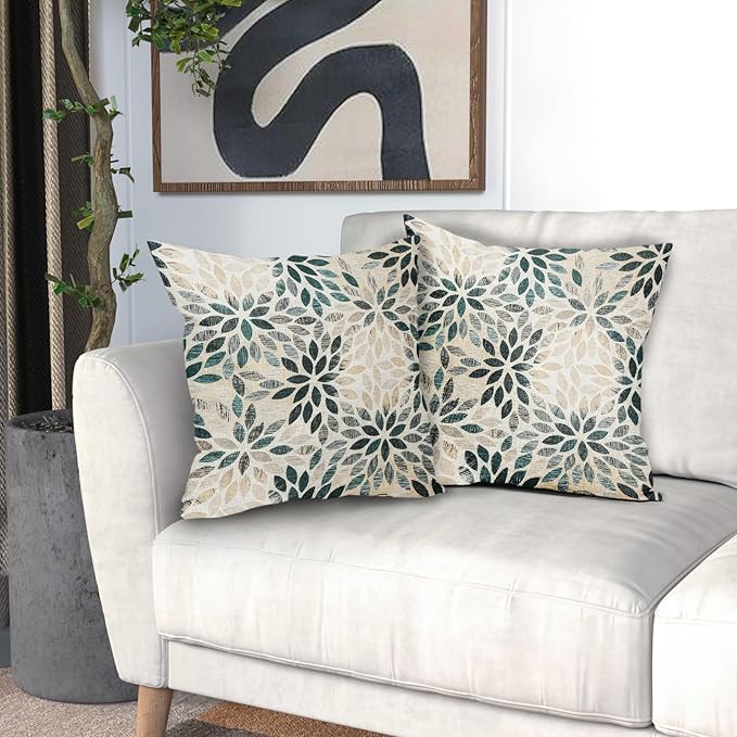 Kawani Teal Dahlia Throw Pillow Covers 18x18 Inch Turquoise Geometric Flower Decorative Square Pillow Cases Beige Tan Gray Floral Cushion Covers Farmhouse Home Decor for Sofa Couch Outdoor Set of 2