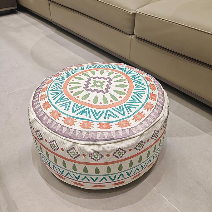 MOCOFO Round Bohemian Ottoman Pouf Cover, 18 Inch, Cotton Blend, Church Window Print, Living Room Storage Footrest, Cover Only (Jade Stone)