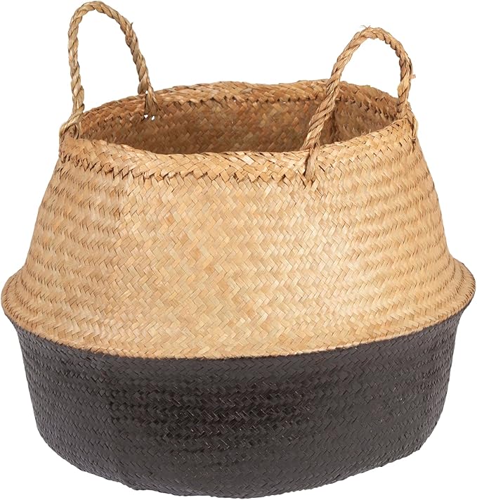Bloomingville Handwoven Seagrass Folding Basket with Handles, Natural and Black