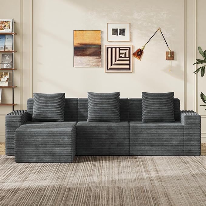 WLIVE 110'' Cloud Sectional Couches for Living Room, Modular Boneless Couch with Right Facing Chaise, L Shape Memory Foam Corduroy, with Ottoman, Grey