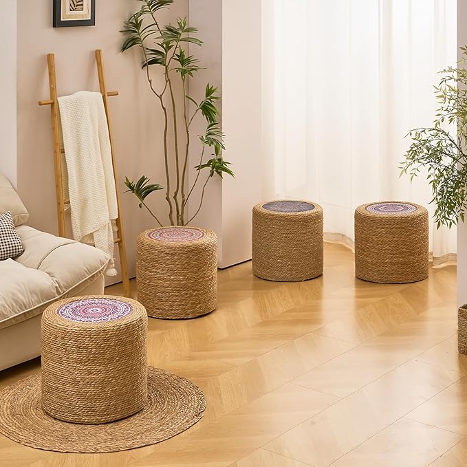 Wimarsbon Round Pouf Ottomans, Handwoven Natural Water Hyacinth Seagrass Pouffe,Outdoor Rattan Stool Accent Seat, Bohemian Coastal Home Decor (18inch Natural Cattail-Boho 2)