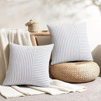 YCOLL Farmhouse Pillow Covers 16x16, Modern Accent Square Throw Pillow Covers Set of 2, Blue and Beige Striped Patchwork Linen Decorative Pillows Cushion Covers for Couch Chair Bedroom Home Decor