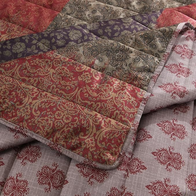 HORIMOTE HOME Velvet Patchwork Quilt King Size, Reversible Vintage Pattern Bedspread Luxury Cozy Vlevet Comforter 3-Pieces Coverlet Bedding Set for All Season (Burgundy)