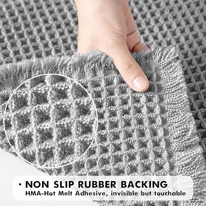MIULEE Set of 2 Waffle Bathroom Rugs, Boho Bath Rugs Non Slip Washable, Super Absorbent Bath Mats, Ultra Soft Rubber Backed Shower Mats for Bathroom Floor, Tub and Shower, Light Grey, 17"x24"+18"x30"