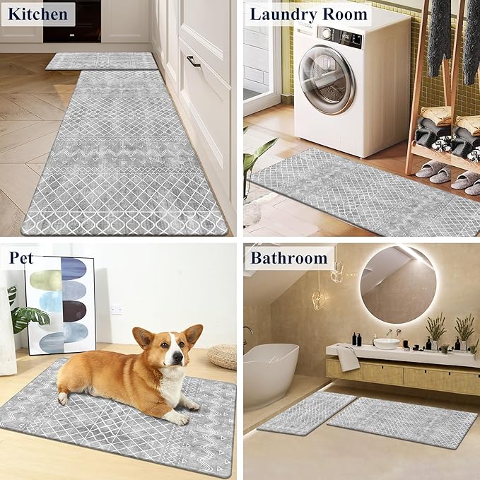 HEBE Anti Fatigue Kitchen Mat Set of 2 Non Slip Cushioned Kitchen Mats for Floor Waterproof Farmhouse Kitchen Rugs and Mats Set Comfort Standing Desk Mat Carpet for Sink,Office,Laundry
