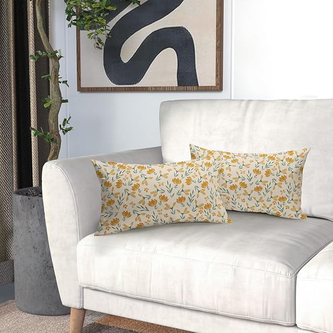 Green Yellow Floral Pillow Covers 12x20 Set of 2 Vintage Rustic Old Style Cute Small Flower Print Rectangle Decorative Outdoor Pillowcases Farmhouse Throw Cushion Case Decor for Couch Sofa Bed