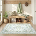 Area Rugs 3'x5' Washable Non-Slip, Floral Vintage Distress Print Pattern Medallion Carpet for Living Room Bedroom Dining Room, Green White Blue