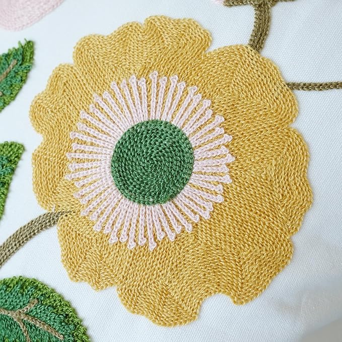 vctops Floral Embroidered Pillow Covers 18x18 Inch Spring Summer Cotton Tufted Throw Pillow Cover Outdoor Garden Cushion Case for Sofa, Bed, Living Room (Flower F,18"x18")