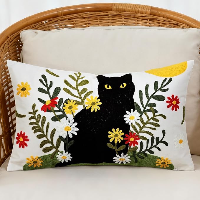 Embroidered Pillow Covers 12x20 Inch Set of 1, Black Cat and Floral Patterned Decorative Throw Pillow Covers Lumbar Farmhouse Canvas Cushion Cases for Couch Sofa Bed Living Room Home Decor