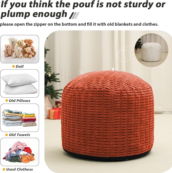 Round Stuffed Pouf Ottoman for Foot Rest, Storage Ottoman Pouf Foot Stool Cushion, Faux Fur Poufs with Foam Chunk Filling, 20 X 15 Inch Floor Chair for Living Room Bedroom Home Decor, Coral Orange
