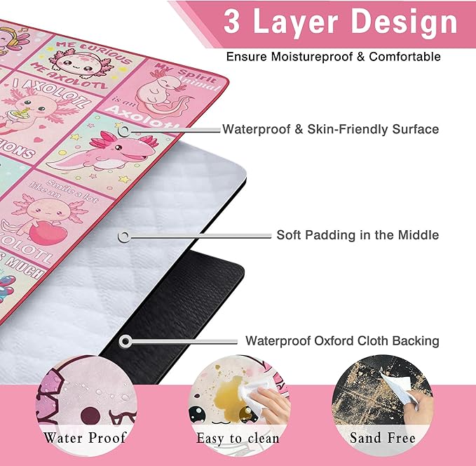 Extra Large Picnic Blankets Waterproof Foldable (80"x 80") Axolotl Beach Blanket Waterproof Sandproof,3-Layer Thicking Mat Outdoor Packable Camping Blanket
