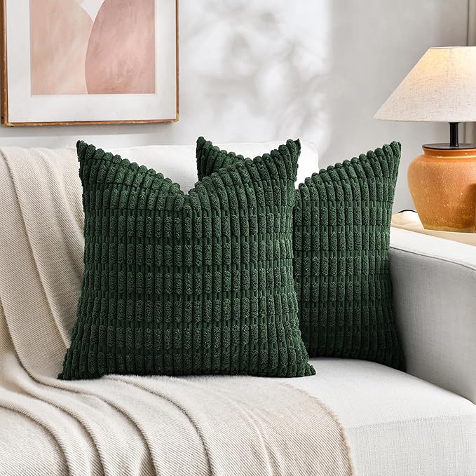 Fancy Homi Set of 4 Green Boho Decorative Throw Pillow Covers 16x16 Inch for Couch Bed Sofa, Aesthetic Modern Bohemian Room Decor, Soft Fuzzy Fluffy Cozy Corduroy Cushion Case 40x40cm