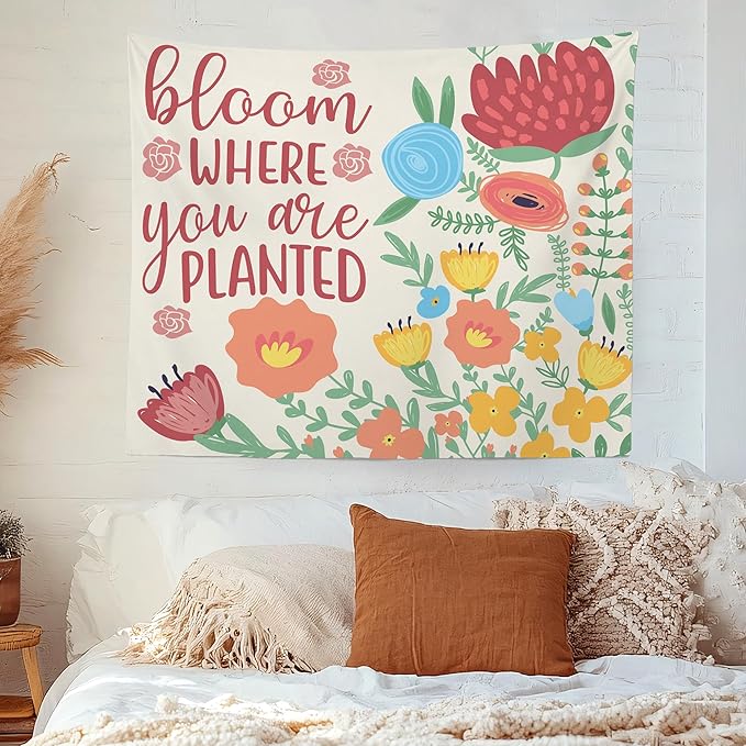 MNOSAIOO Inspirational Floral Spring Wall Tapestry Hanging for Classroom, Bloom Where You Are Planted Tapestry, Cute Nursery Colorful Tapestries Wall Decor for Bedroom Therapy Girly Room 60x50 inch