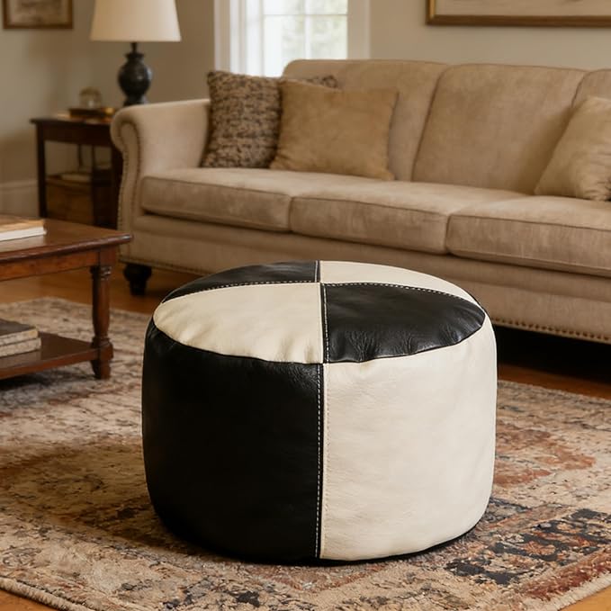 Thgonwid Unstuffed Faux Leather Pouf Cover, Handmade Footstool Ottoman Storage Solution, Floor Footrest Cushion - 16.5”Dx12”H, Black & White
